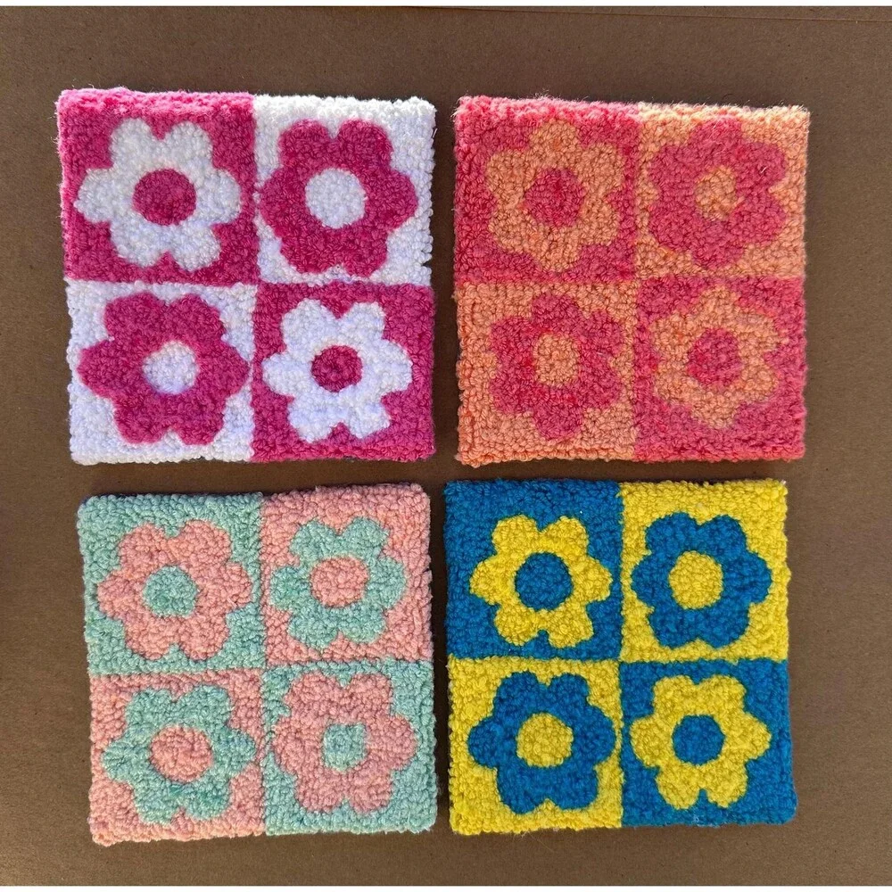 Flower Square Punch Needle Coasters | Mug Rug